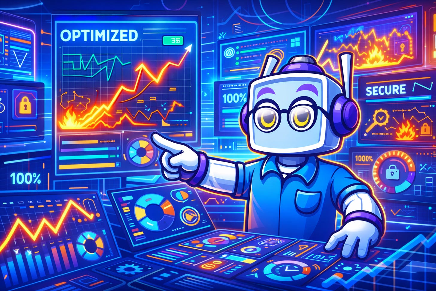 Cartoon AI robot standing in a futuristic operations room, confidently managing glowing dashboards and optimization graphs that reveal hidden system risks and misaligned outcomes. Cartoon AI robot standing in a futuristic operations room, confidently managing glowing dashboards and optimization graphs that reveal hidden system risks and misaligned outcomes.