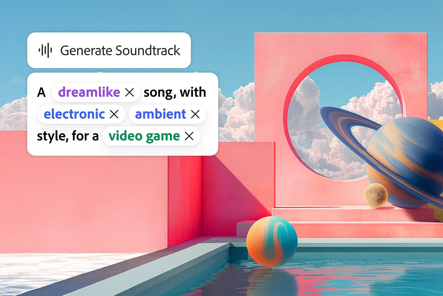 Screenshot of Adobe Firefly’s AI audio generation interface showing a prompt builder for creating a dreamlike, electronic, ambient soundtrack for a video game.