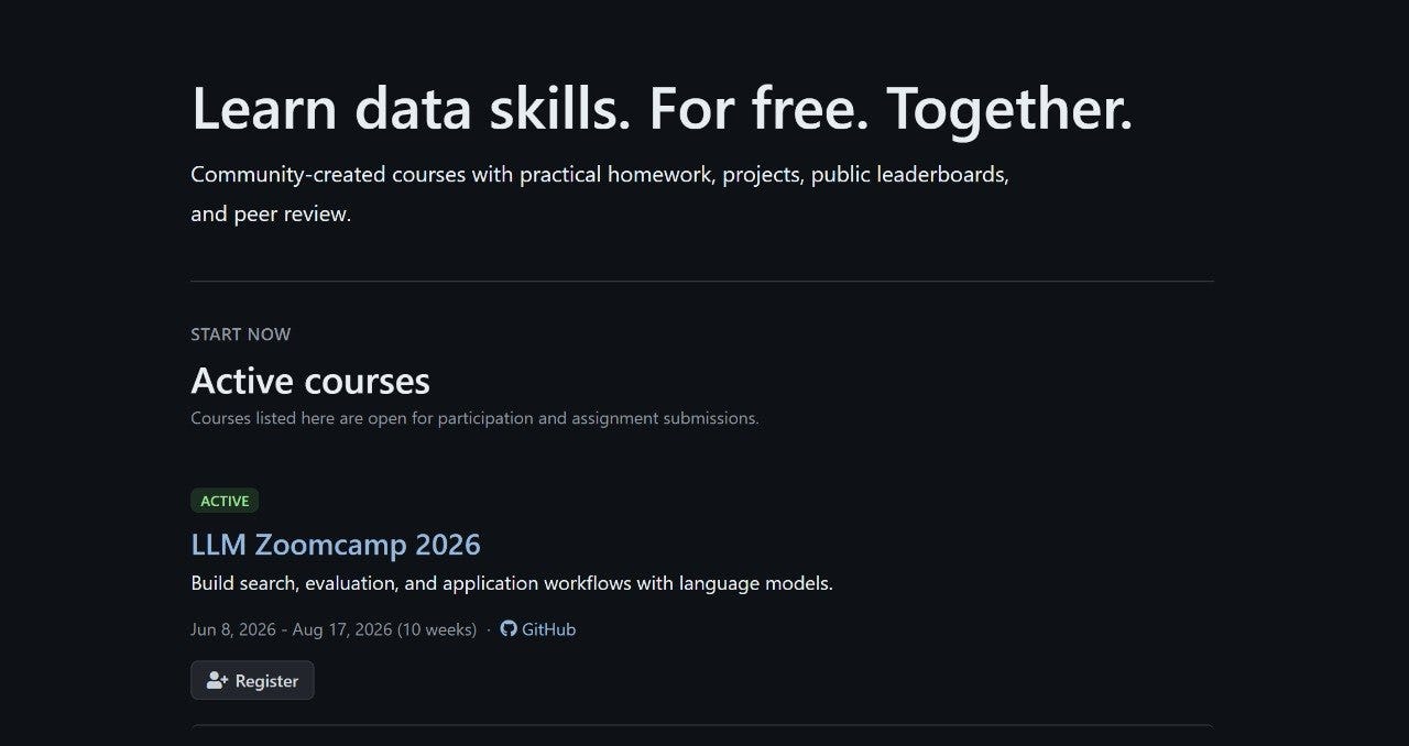 Redesigned DataTalks.Club course management platform homepage showing Active Courses with LLM Zoomcamp 2026