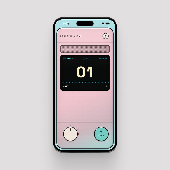 Poolside with a pink and aqua body, black display, cream channel dial, and round aqua Talk button and End of Line with a black body, cyan circuit lines, large dark display, channel slider, and circular Transmit button.