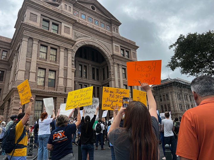 Each image shows crowds of people standing in front of the state capitol holding up various signs