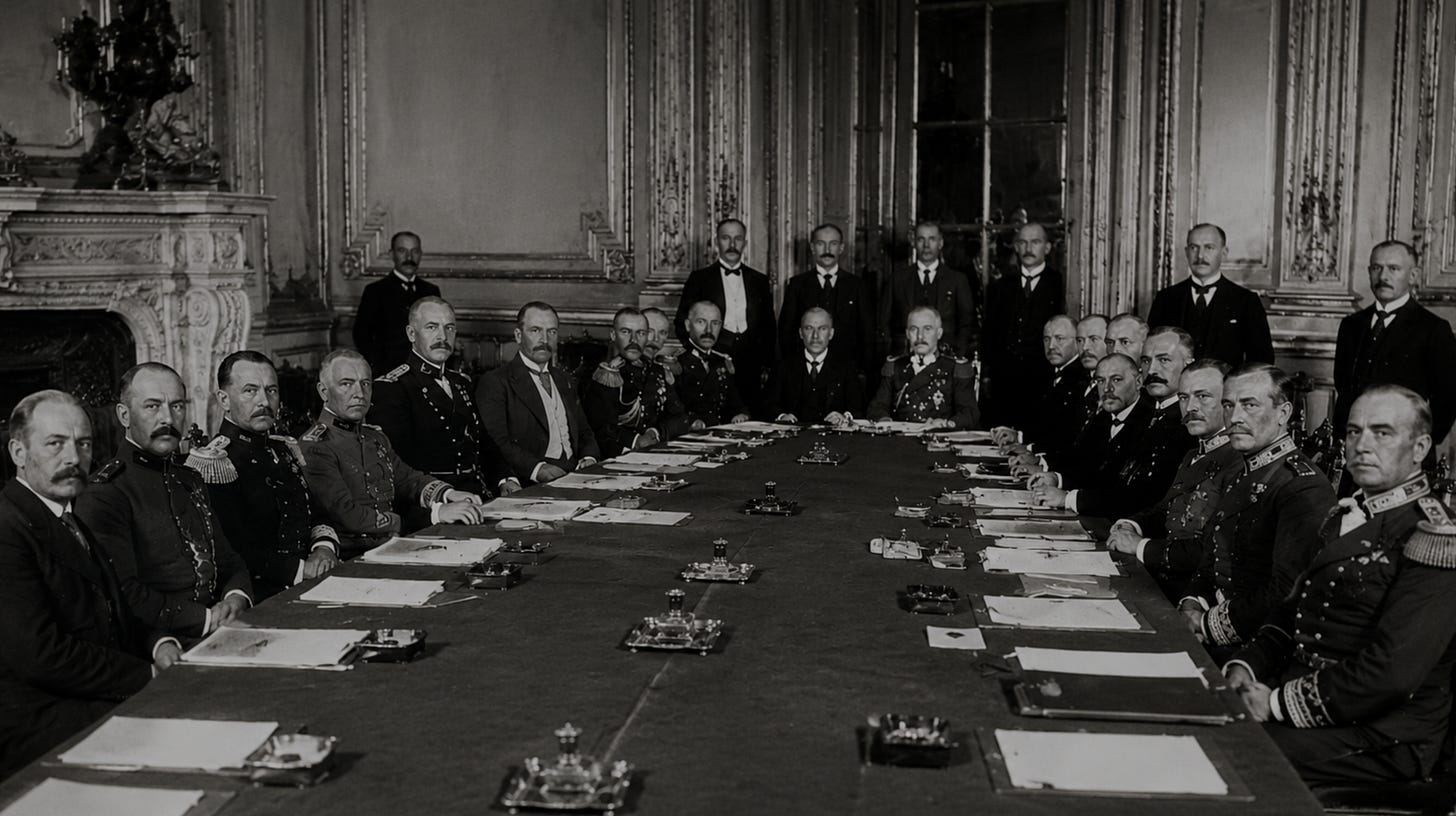 Imaginary black-and-white photograph of European heads of state in the years before the First World War, navy-toned in the publication's house style. Cover image for an essay on the structural causes of great-power war and the parallels between 1914 and present-day US–China rivalry.