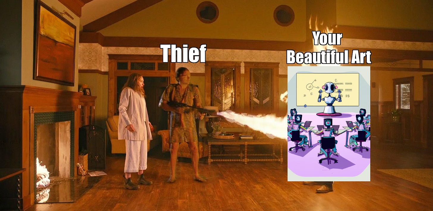 The scene from the horror movie Hereditary where a guy is setting another person on fire with a flamethrower. The text above the guy says, "Thief" and the the person engulfed in flames has the AI art shared at the beginning to represent an NFT. Above the NFT, it says, "Your Beautiful Art"