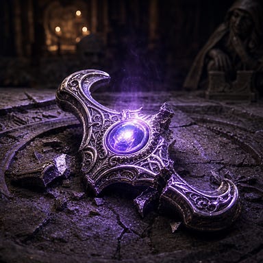 Broken Brightblade hilt on ancient stone, sapphire core flickering to life with soft lavender light. No blade, only the fractured platinum hilt glowing from within. Atmosphere: Barovian Gothic, dim amber vault, shadows retreating from the lavender pulse.