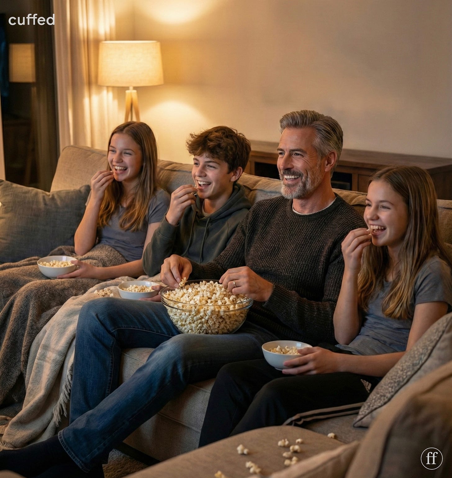 a calm, cinematic living room scene showing a father seated on a couch with his three children, all sharing popcorn and laughing together. warm, low light from a floor lamp creates a feeling of safety, presence, and quiet vigilance. neutral tones, soft shadows, and natural expressions emphasize fatherhood as steady awareness rather than control. cuffed logo appears in white at the top left, with a subtle fused “ff” mark in the bottom right. mood: grounded, intimate, protective. seo tags: fatherhood vigilance, modern masculinity, emotional presence, responsible father, cuffed musing.