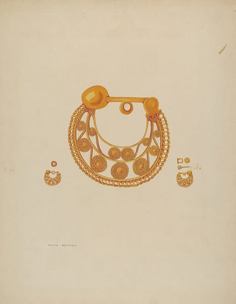 Een poster voor een expositie van de Index of American Design (1936) en drie van de werken uit die tijd. Met de klok mee: een ladekast, door Ferdinand Cartier; een oorbel, door Tulita Westfall; een geweven sprei, door Gladys C. Parker.