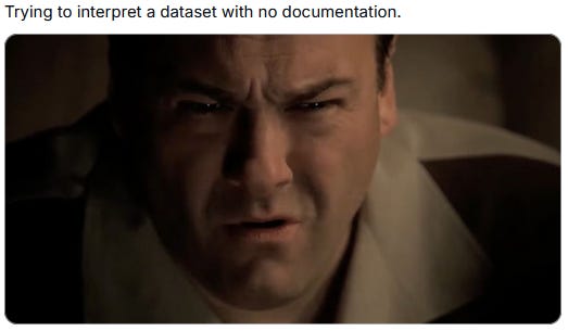 Man squinting with the words "Trying to interpret a dataset with no documentation" Man squinting with the words "Trying to interpret a dataset with no documentation"