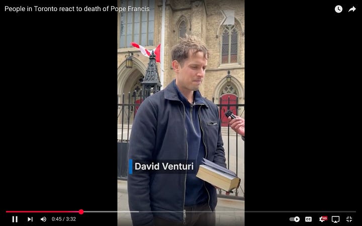 On the left, a photo of the program for the Mass for Pope Francis. On the right, a screenshot of a video of the interview.