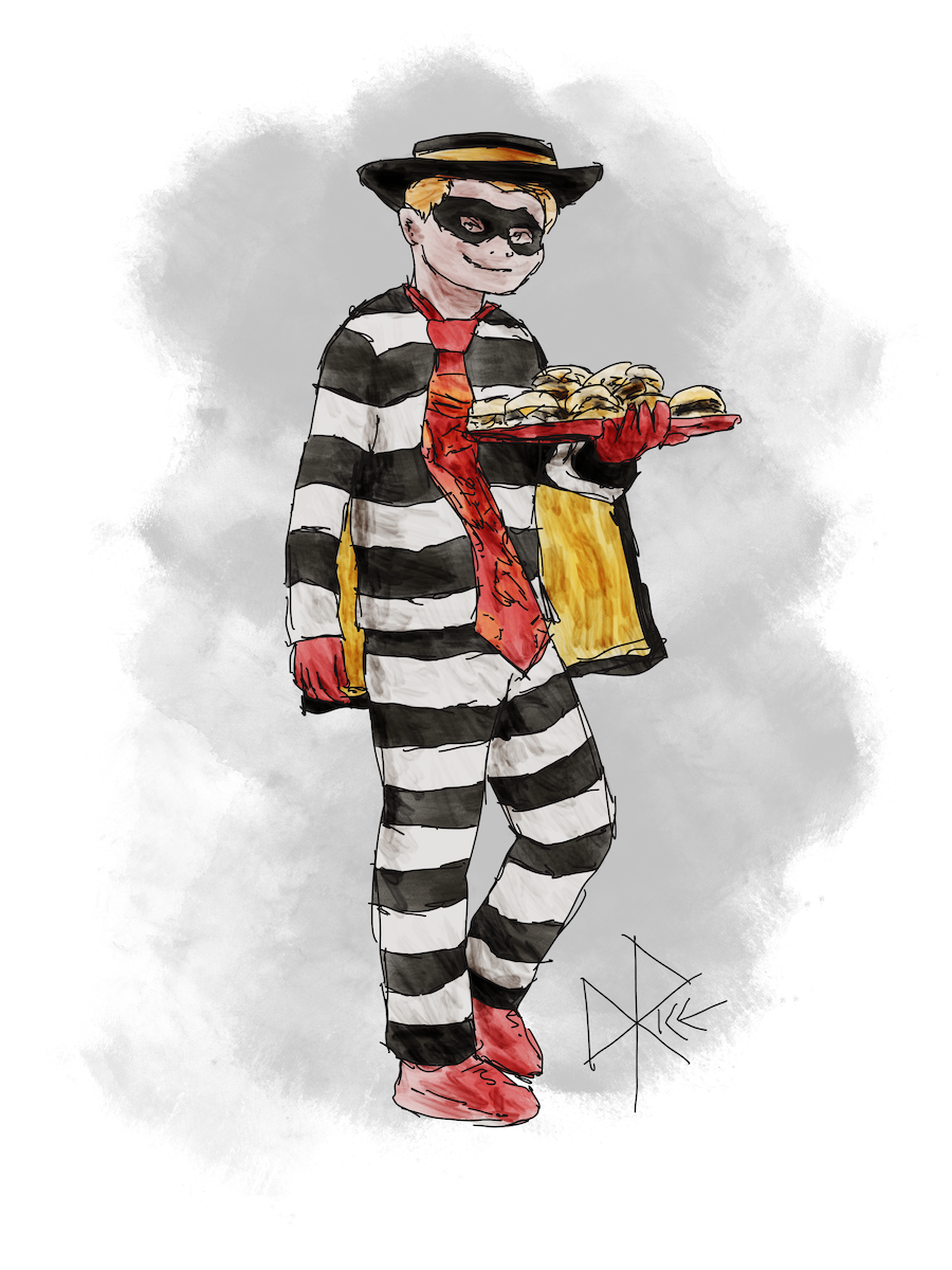 The Hamburglar stands while holding a tray of burgers. Sketch art by Don Rice. The Hamburglar stands while holding a tray of burgers. Sketch art by Don Rice.