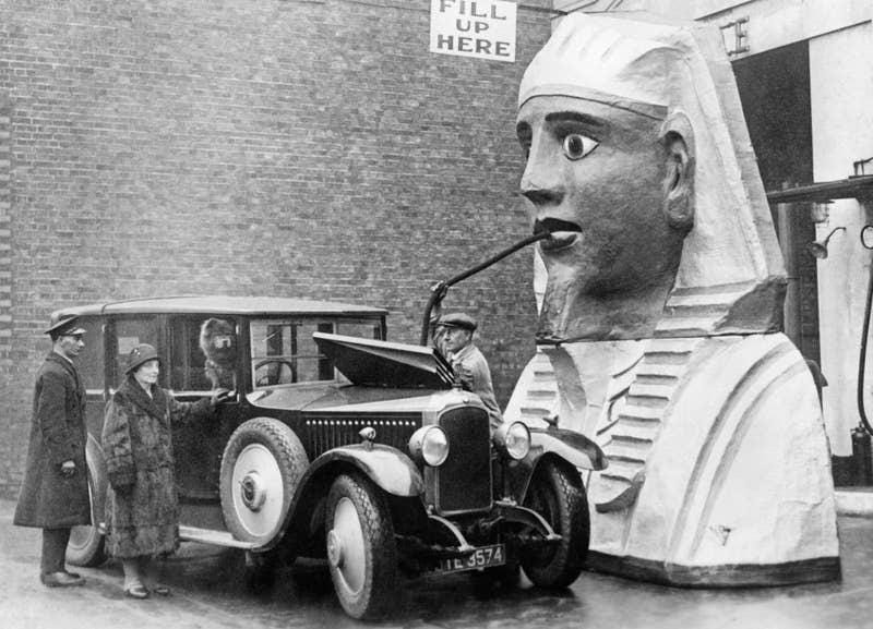 Egyptomania in the UK: Pharaoh-themed gas pumps in 1932, a testament to the popular fascination sparked by King Tut's tomb discovery. Egyptomania in the UK: Pharaoh-themed gas pumps in 1932, a testament to the popular fascination sparked by King Tut's tomb discovery.