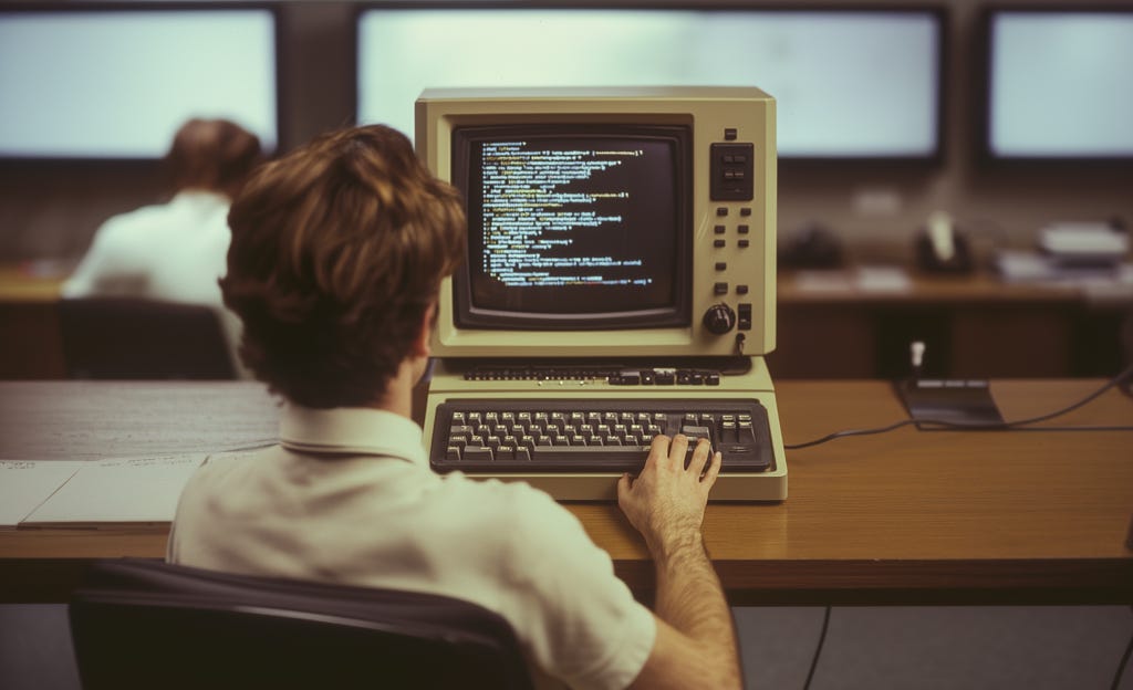 A man focused on debugging software on a vintage computer in an office environment. A man focused on debugging software on a vintage computer in an office environment.