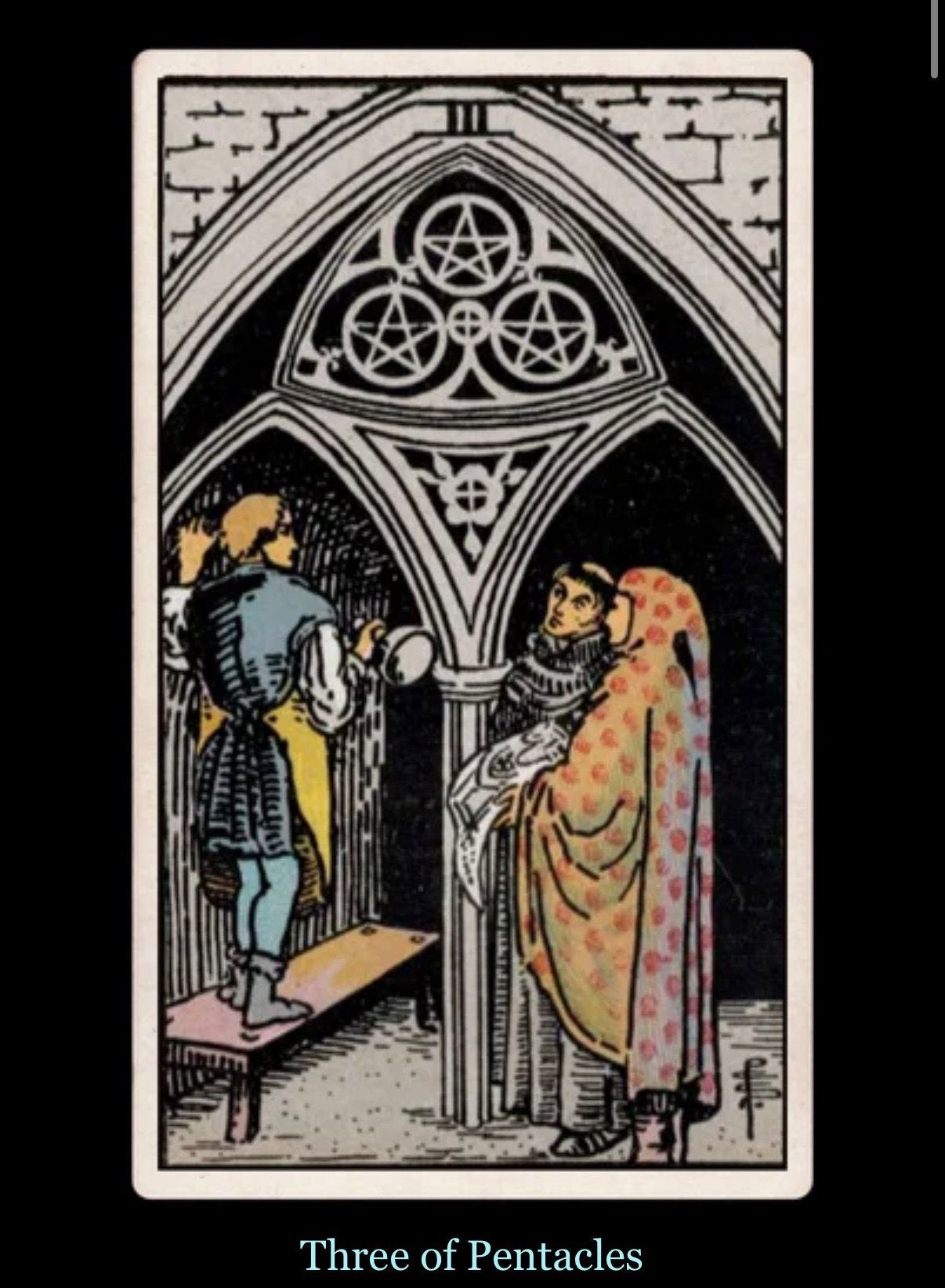The Three of Pentacles tarot card from the Rider-Waite-Smith deck, used as a collaboration and community prompt in the Dream Eaters Tarot DMs interview. The Three of Pentacles tarot card from the Rider-Waite-Smith deck, used as a collaboration and community prompt in the Dream Eaters Tarot DMs interview.