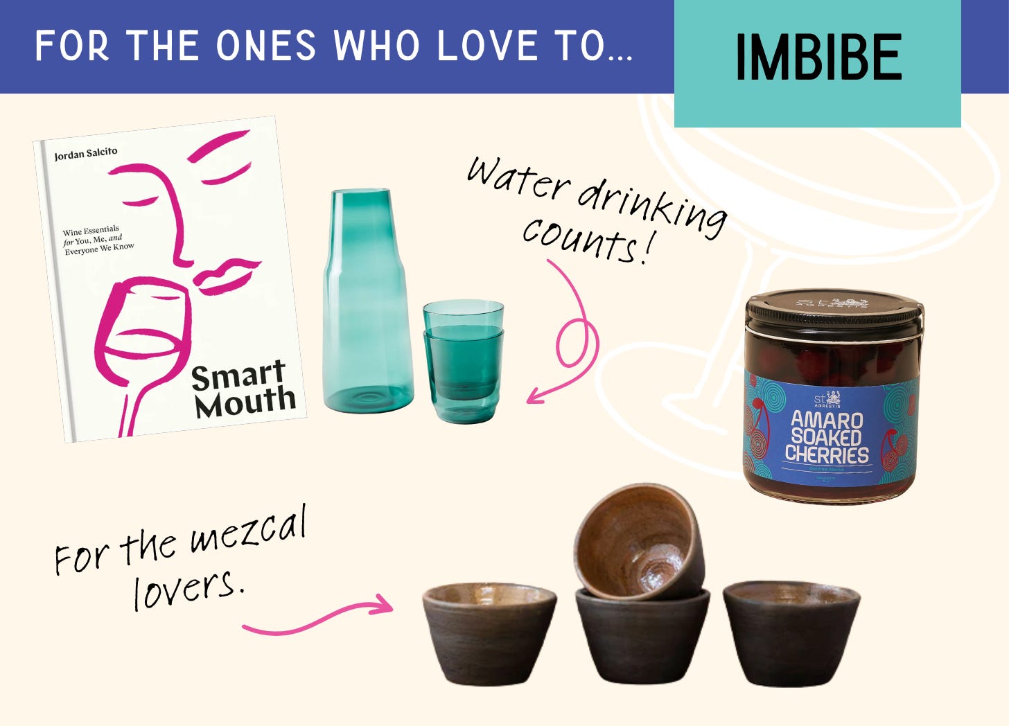 A graphic of the best wine and cocktail gifts. The text says “For the ones who love to… IMBIBE.” Images are a collage of: Smart Mouth book about wine; a beautiful carafe and glass for sober gifts; and artisanal mezcal copitas. Handwritten text near the copitas says “For the mezcal lovers.”