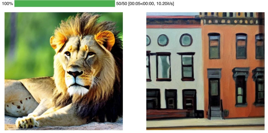 Figure 2.1: Output for the prompts “A hyper-realistic photo of a friendly lion” (left) and “A stylized oil painting of a NYC Brownstone” (right)