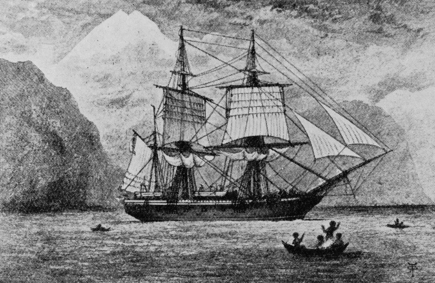Pen and ink drawing of the HMS Beagle on the water.