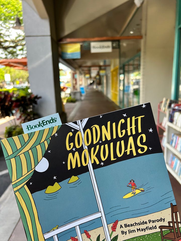 Please Enjoy Your Stay bookmarks, an empty free library, BookEnds, and a view of the ocean