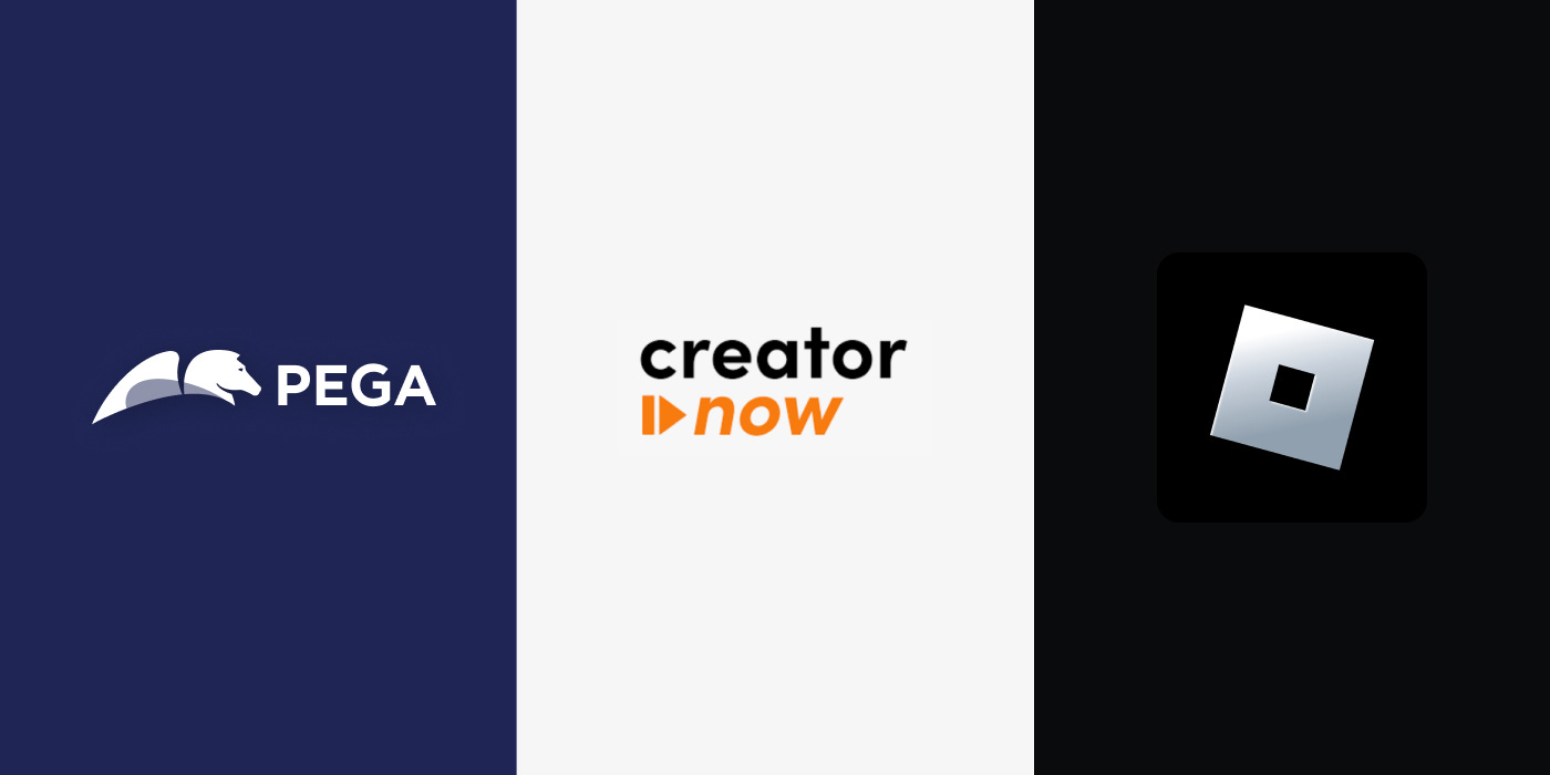 A horizontal collage of pegasystems, creator now, and roblox
