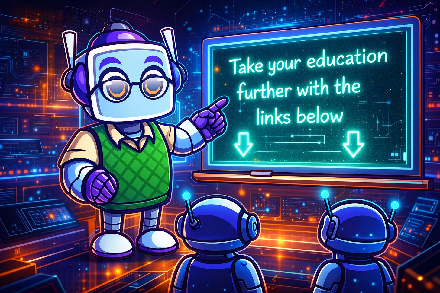 Cartoon robot teacher pointing to a glowing holographic chalkboard that says “Take your education further with the links below,” while small student robots watch in a futuristic classroom. Cartoon robot teacher pointing to a glowing holographic chalkboard that says “Take your education further with the links below,” while small student robots watch in a futuristic classroom.