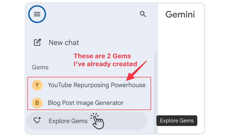 The Gemini interface displaying my custom Gems—specialized AI assistants I've created for specific tasks. The "YouTube Repurposing Powerhouse" (marked with a Y icon) handles content transformation from video to multiple formats, while the "Blog Post Image Generator" (B icon) creates visual content for written pieces. These Gems represent focused versions of my workflow expertise, ready to tackle their specialized tasks without needing fresh prompts each time