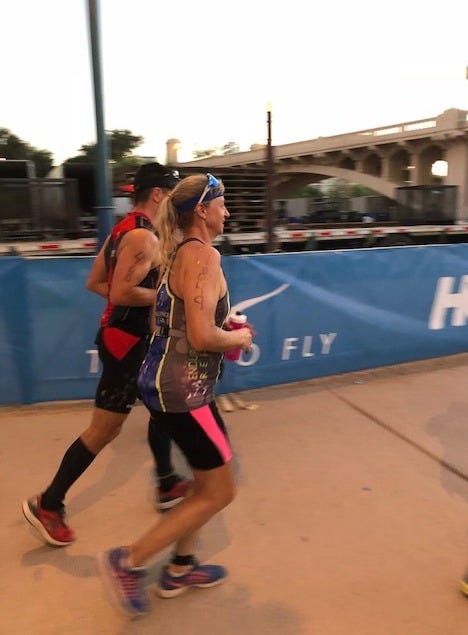 Two runners in a race, jogging between wogging moments Two runners in a race, jogging between wogging moments