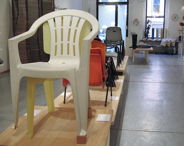 photographs of installation of the exhibit inCONSTRUCTION at spring, the gallery in DUMBO, Brooklyn, in 2007 showing chairs by Maxine Naylor and Ralph Ball