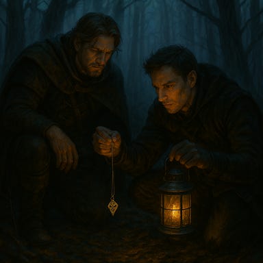 Fleetwood and Greegan examining a pendant dropped by Silverleaf in the Svalich woods, with Greegan depicted as a human rogue