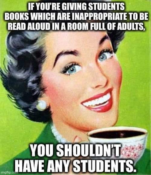 May be an image of 1 person, studying and text that says 'IF YOU'RE GIVING STUDENTS BOOKS WHICH ARE INAPPROPRIATE TO BE READ ALOUD IN A ROOM FULL OF ADULTS, YOU SHOULDN'T imgflip. cOm HAVE ANY STUDENTS.'