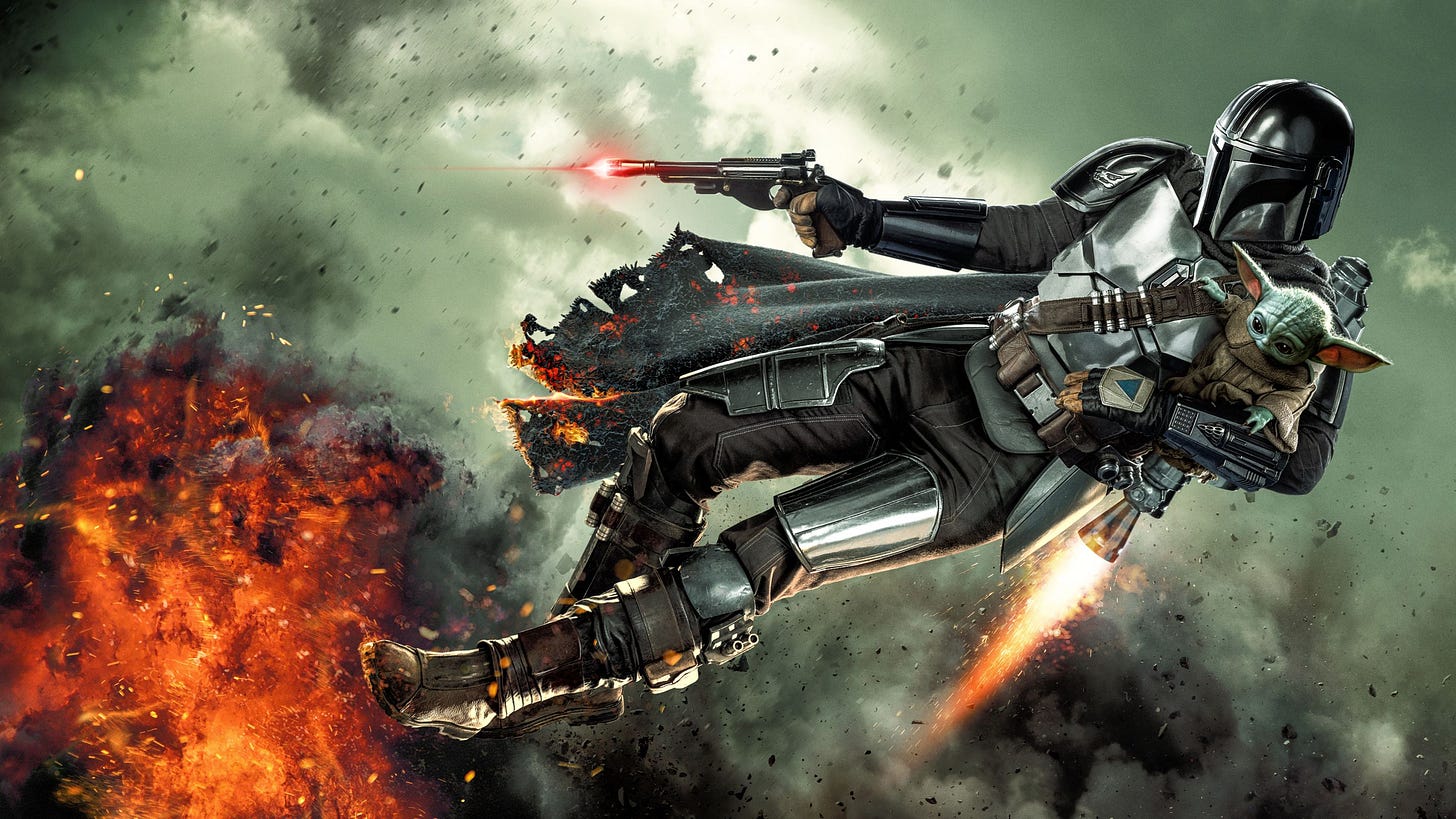 The Mandalorian holding The Child flying away from a blast