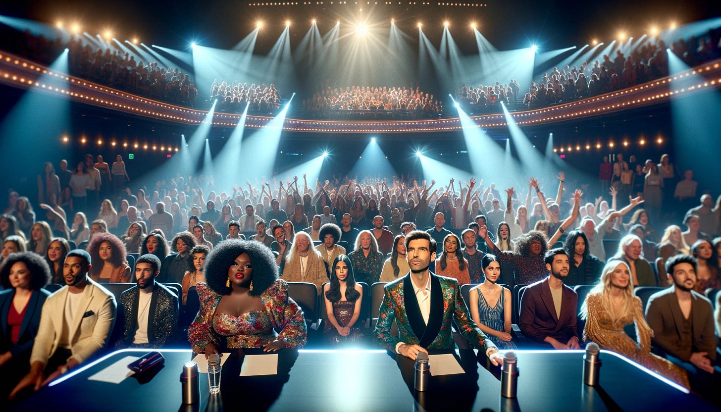 In a grand auditorium brimming with excitement, a diverse crowd is captured at the climax of a song contest similar to the X Factor or The Voice. The audience is a vibrant mix of individuals, including Caucasian, Hispanic, Black, Middle-Eastern, and South Asian men and women, all eagerly leaning forward in their seats with expressions of intense anticipation. On the stage, two announcers stand in the spotlight, one a South Asian woman and the other a Caucasian man, both dressed in glamorous stage attire fitting for a high-profile song contest. They are holding microphones, and their body language exudes a theatrical suspense, echoing the style of famous song contests, complete with a dramatic pause before announcing the winner. Behind them, the stage is adorned with dazzling lights, and a large screen displays the iconic words 'And the winner is...' with the title of the show emblazoned above. The stage is set for a momentous reveal, and the crowd's attention is fixated on the announcers, waiting for the name that will crown the next singing sensation.