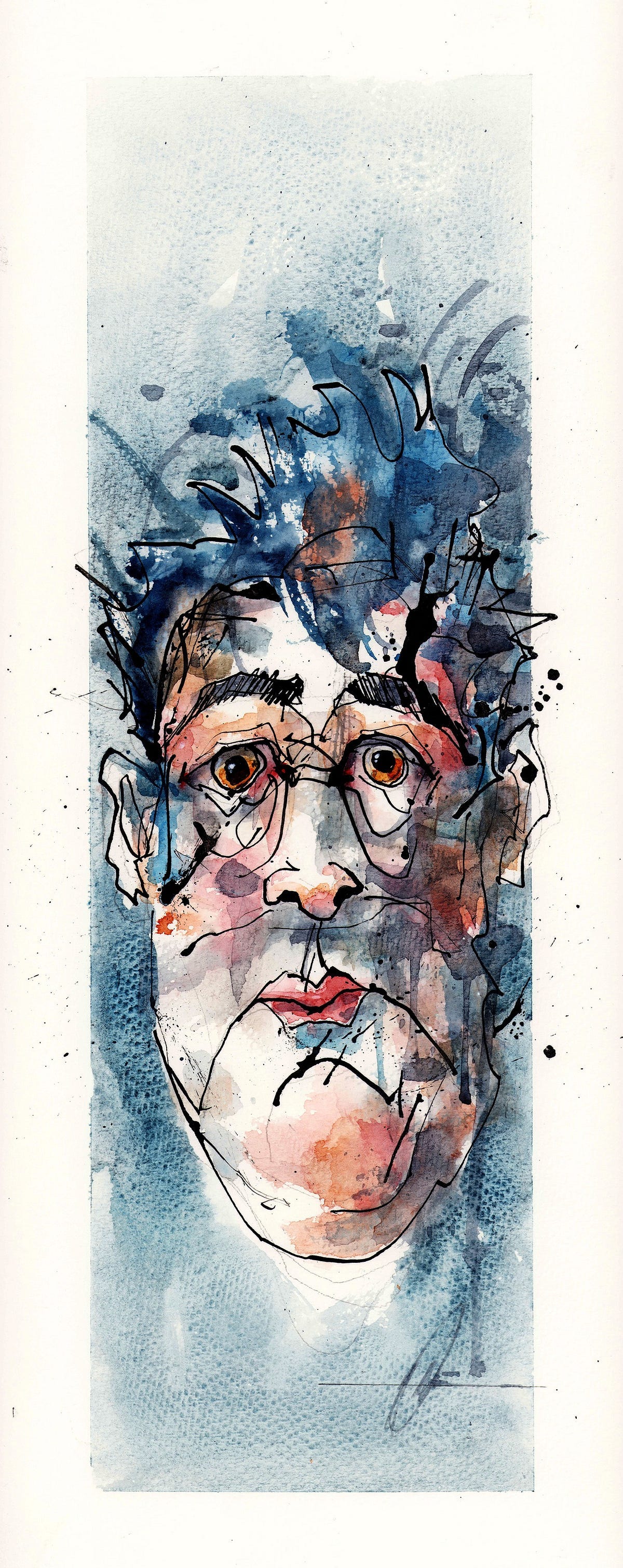 Scared - 6 in x 16 in watercolor pigment on watercolor paper. - MO Bilbeisi, 2025. Collaborator - the full color drawing of a man's bewildered face.