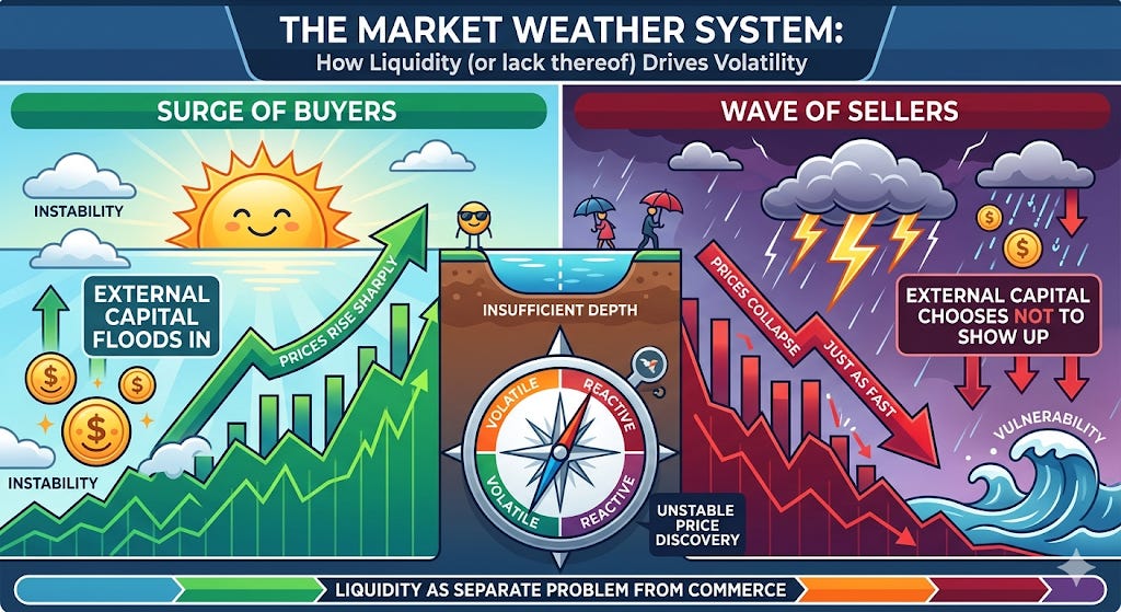 When liquidity lives outside commerce, markets turn into weather systems.