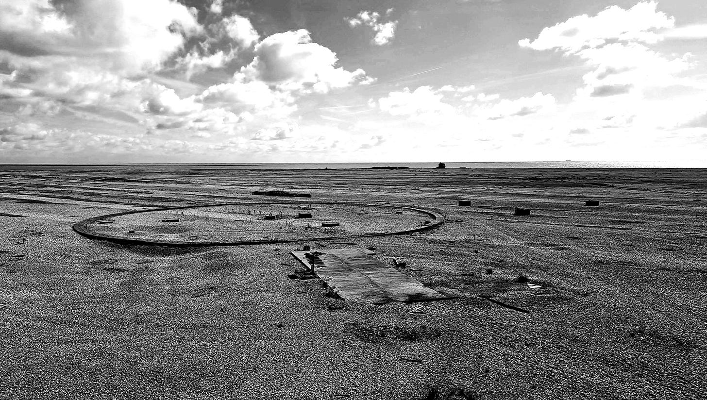 View from the Ballistics building across the protected vegetated shingle, secret test areas, and to the North Sea.