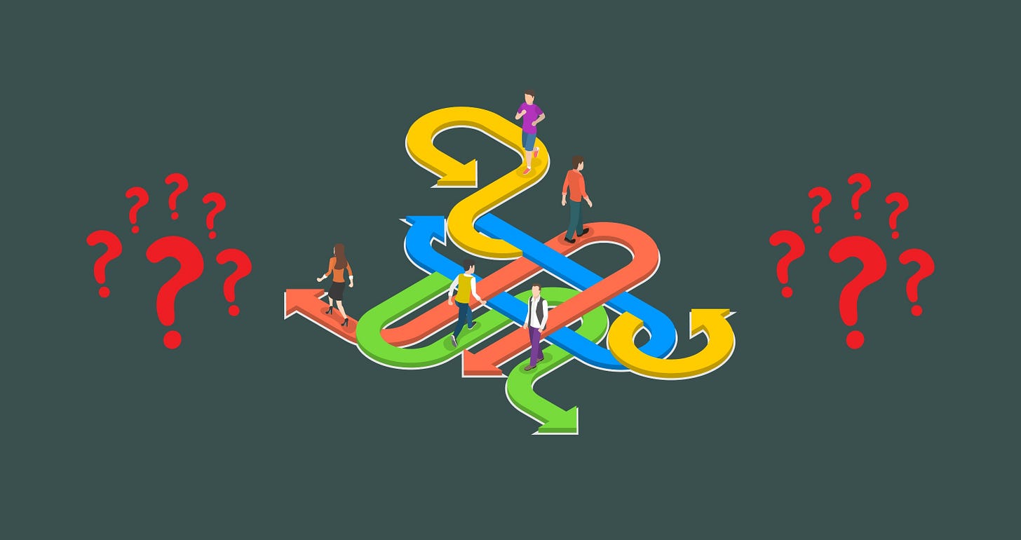 In the center a graphic of five people walking down different interwoven paths with question marks on the left and right.