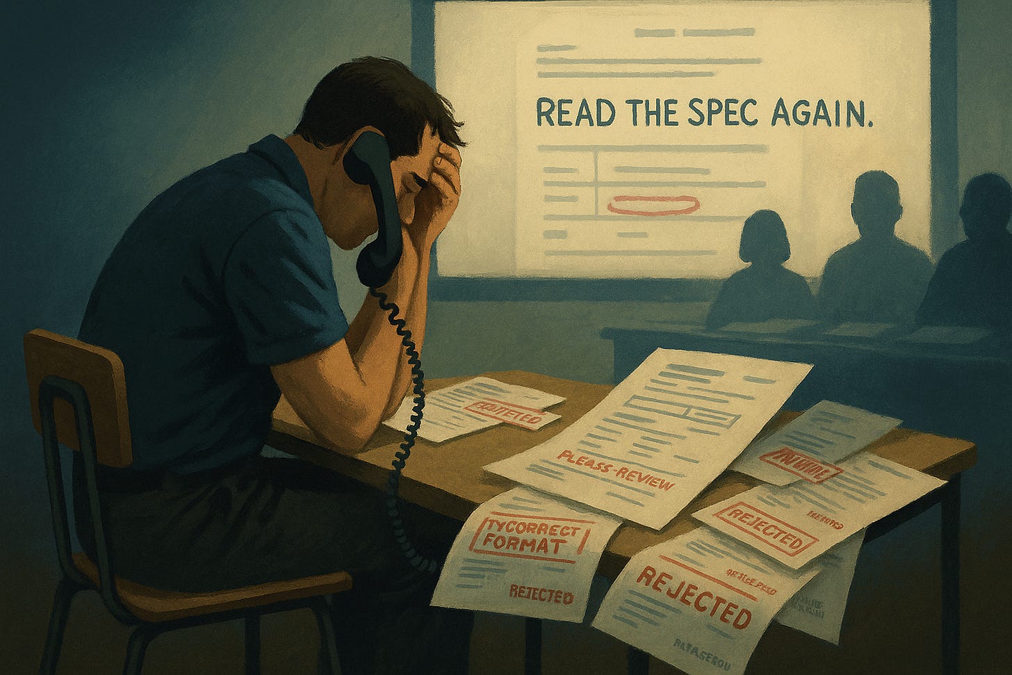 A stylized digital gouache illustration showing a man sitting at a small desk under harsh light during a workplace review. He holds a phone to his ear, surrounded by scattered documents stamped Rejected and Please Review, while a projector screen behind him reads Read the spec again. The scene captures the frustration and absurdity of bureaucratic punishment in a post-production setting.