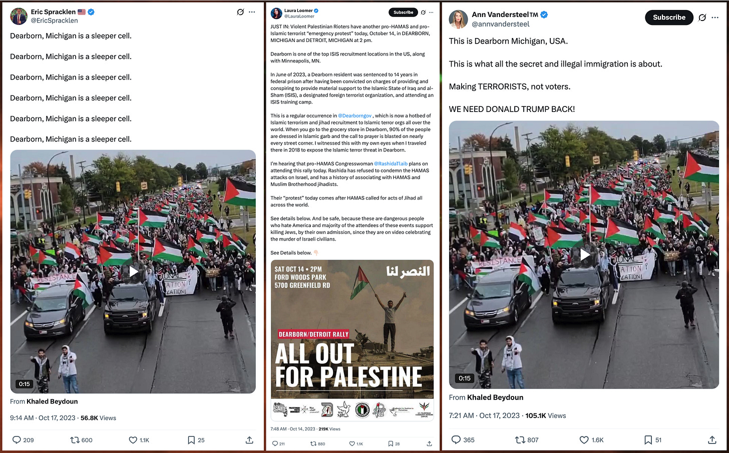 collage of X posts attacking Dearborn from 2023