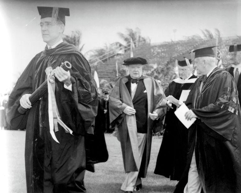 Winston Churchill receiving an honorary Juris Doctorate from the University of Miami on February 26, 1946. Courtesy of Florida State Archives.