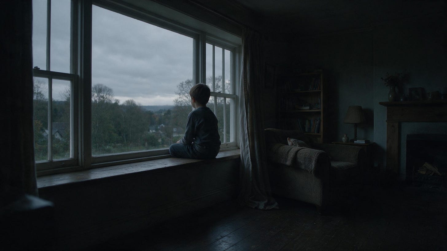 A quiet, documentary-style 16:9 image of a boy sitting alone at a window, looking out at an overcast sky. A quiet, documentary-style 16:9 image of a boy sitting alone at a window, looking out at an overcast sky.