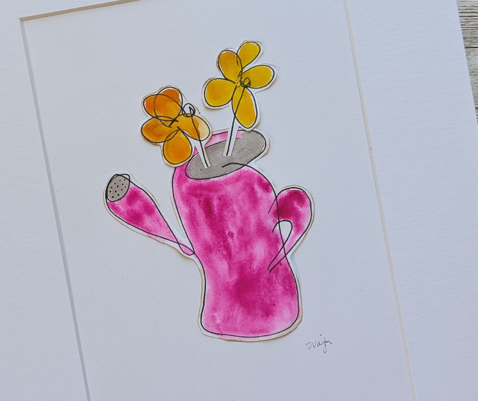 a line drawing of a wonky watering can colored in bright pink with two hand drawn floers in yellow sticking out the top