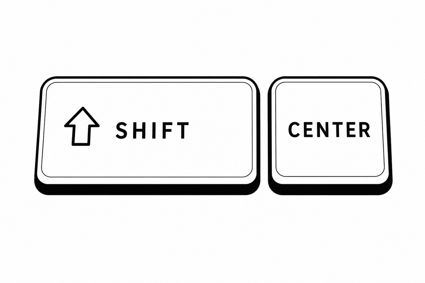 A black and white image of two buttons. On the left, an upward arrow and the word SHIFT. On the right a smaller button that says CENTER. A black and white image of two buttons. On the left, an upward arrow and the word SHIFT. On the right a smaller button that says CENTER.