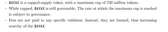 Fees are not given as rewards to validators but are burned and the total supply of AVAX will be 720 million.