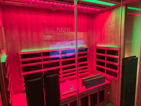 3 photos showing a red-light sauna