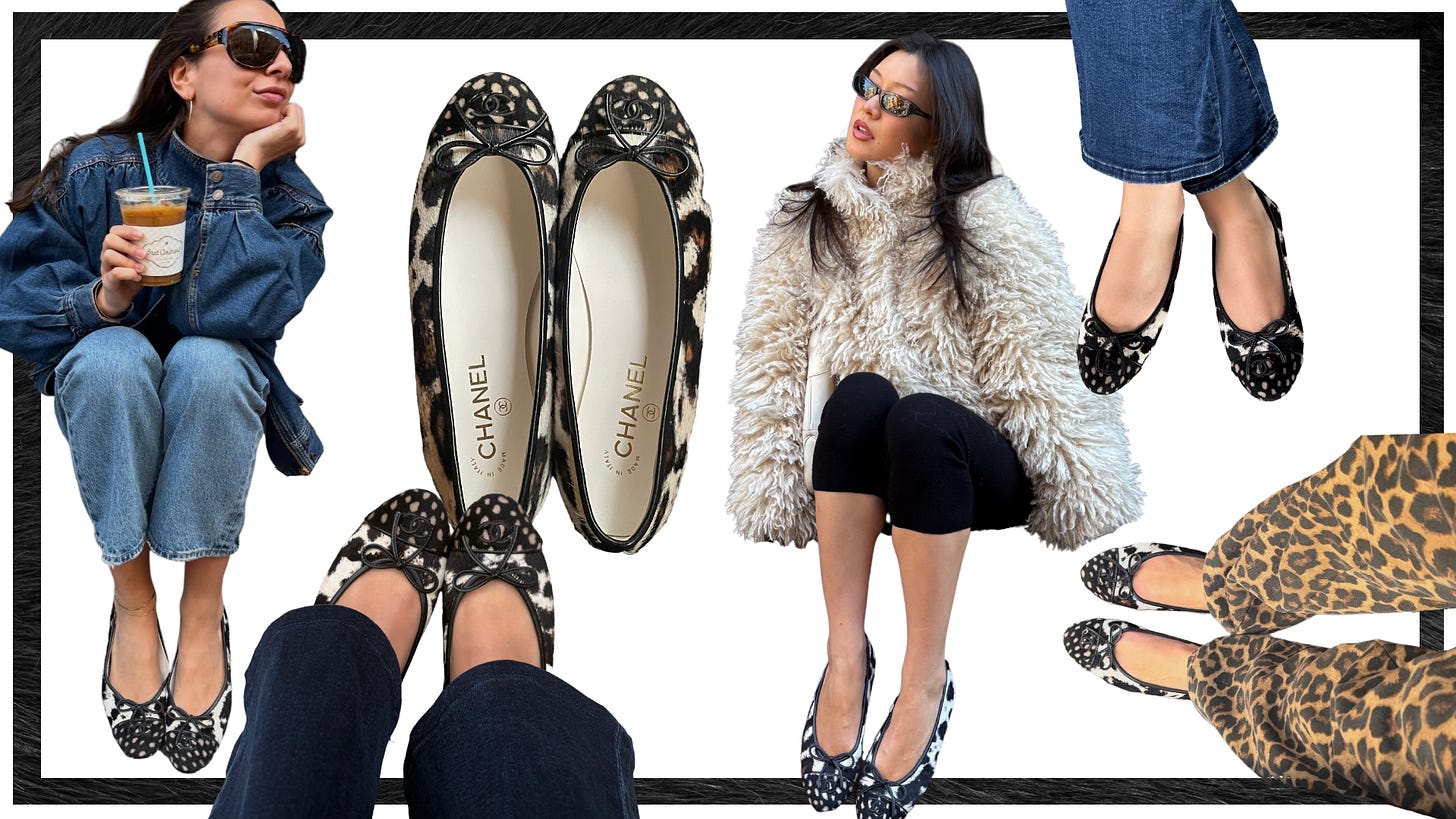a collage of women wearing Chanel's black, brown, and white leopard and deep print cap-toe pony hair flats