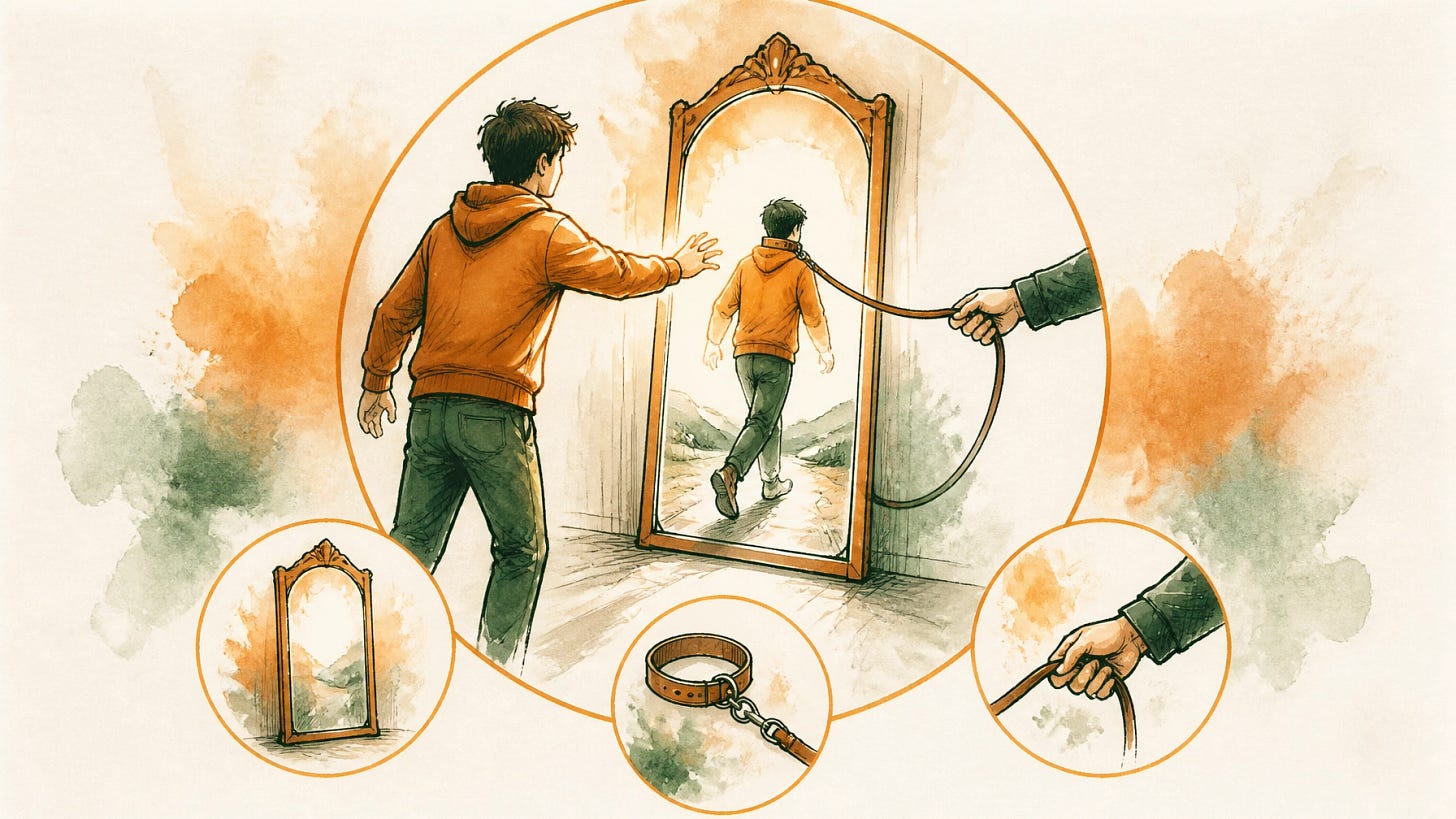 A person reaches after their own mirror reflection as a stranger leads it away on a leash — losing control of your digital identity.