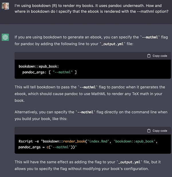 Chat between ChatGPT and me: I ask for a technical solution and ChatGPT provides it including code examples.