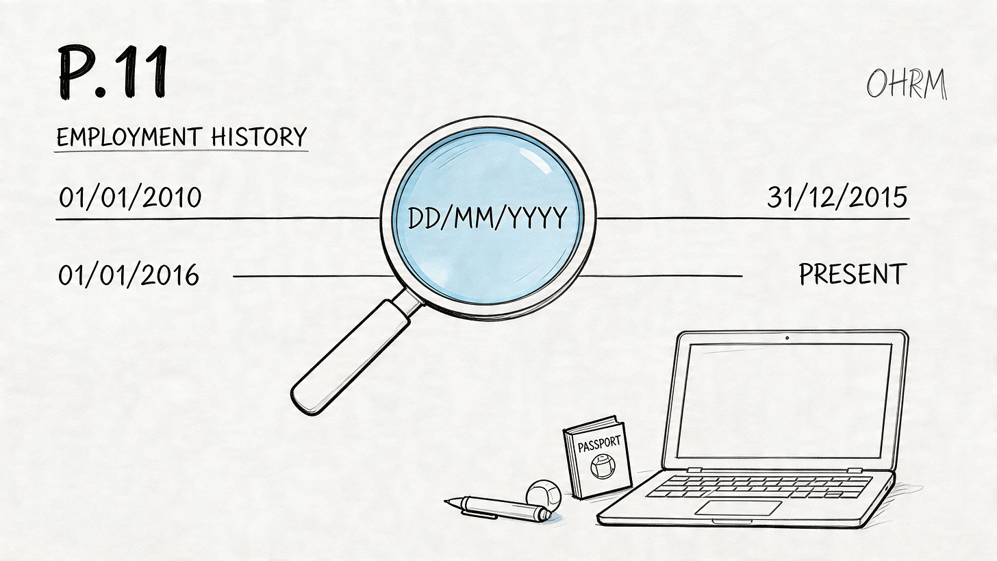 A hand-drawn illustration showing P.11 employment history, a magnifying glass, laptop, and passport on a desk.