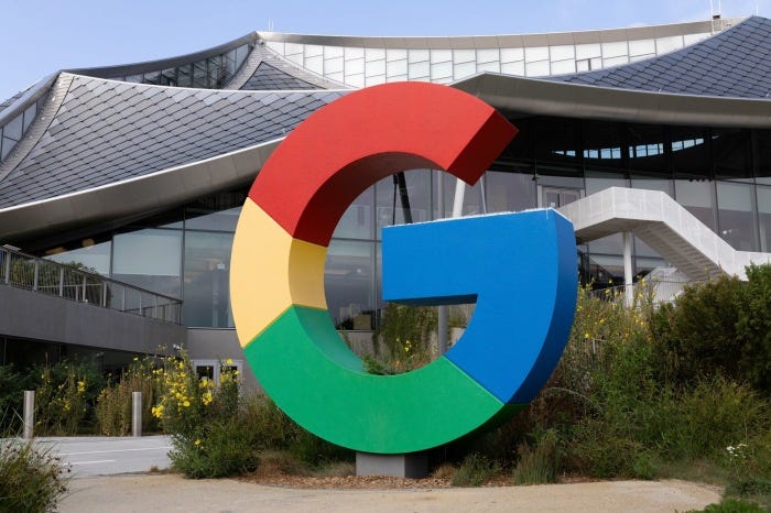 The Google logo in front of the Google headquarters in Mountain View, California.