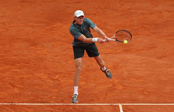 Jannik Sinner of Italy plays a backhand against Carlos Alcaraz of Spain during the Men's Singles Final during day eight of the Rolex Monte-Carlo...