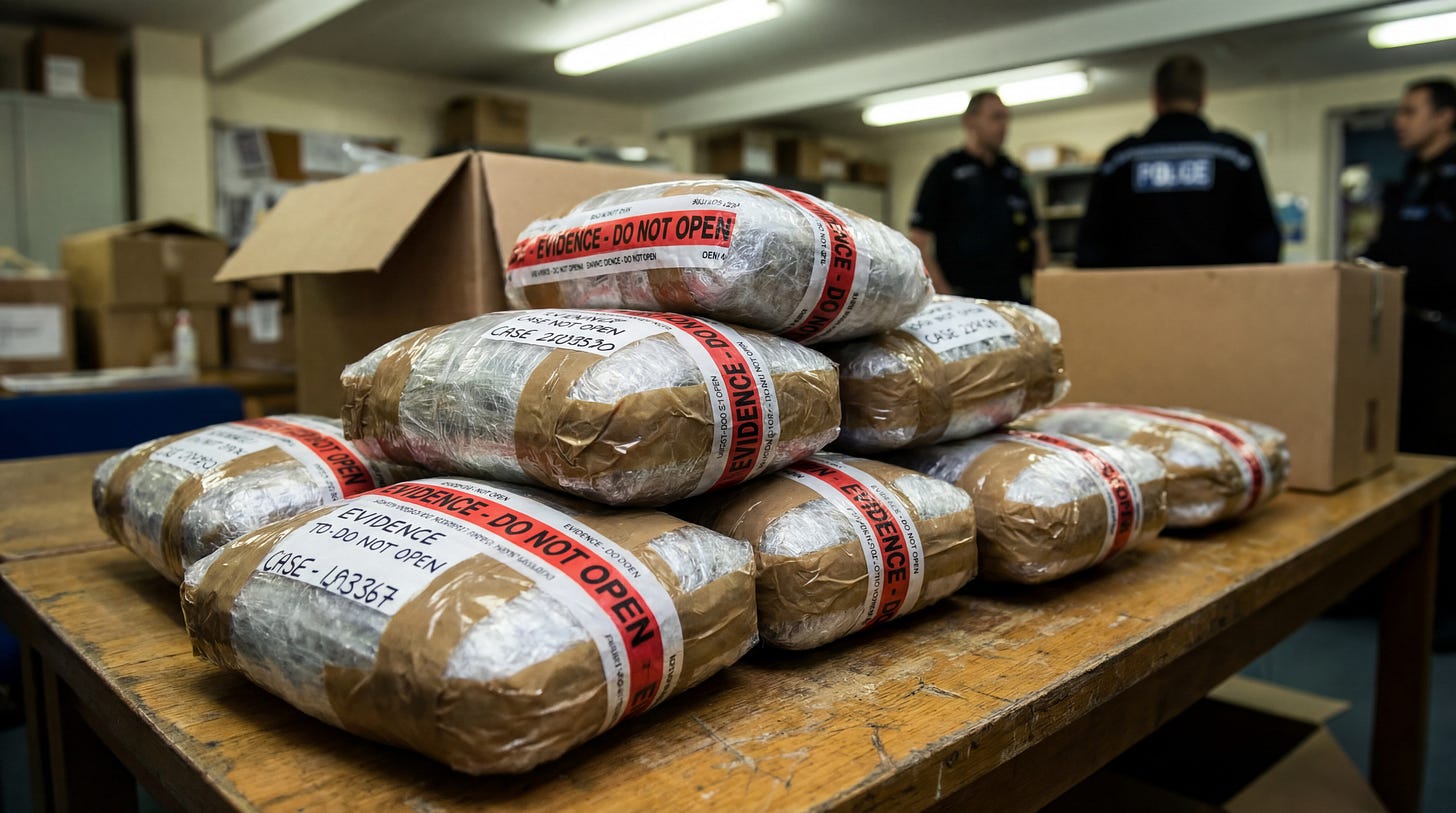 AI-generated illustration of a large stack of seized drug evidence on a table, symbolizing seized fentanyl.