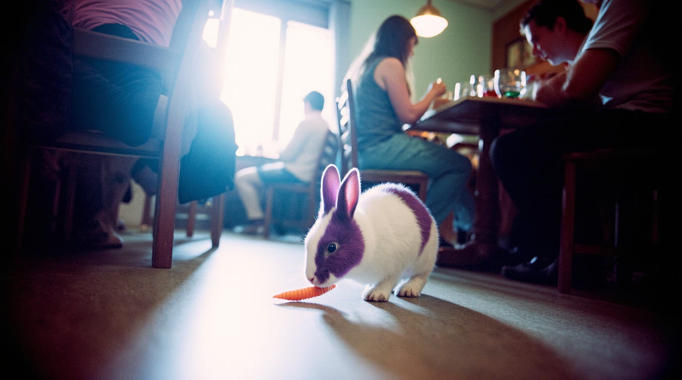a white and purple rabbit, eating a carrot on the floor, with human guests on the table in a japanese restaurant, near sunset, moody, cinematic