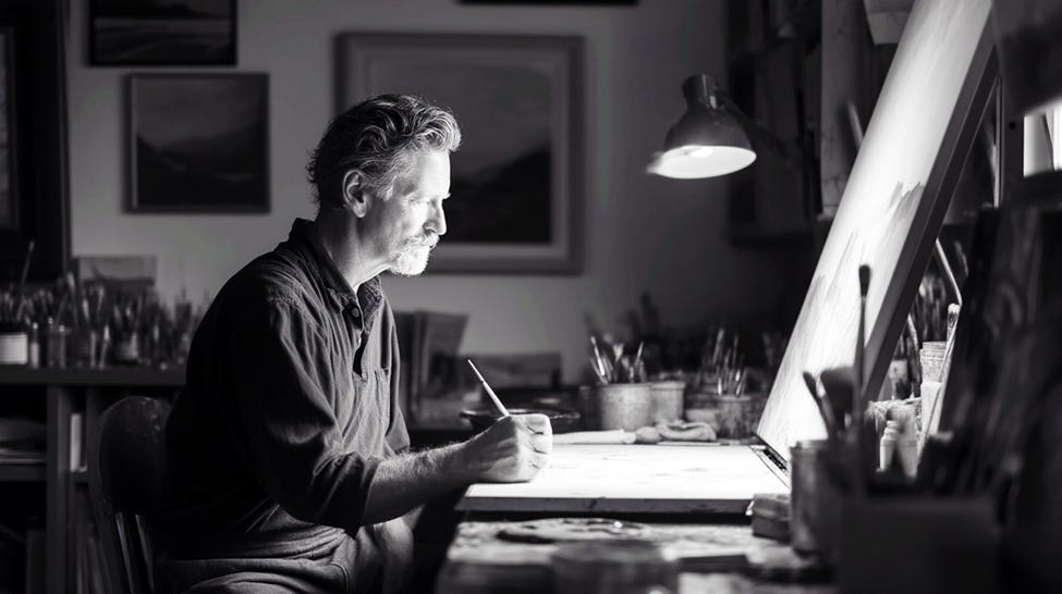 A realistic image of an artist seated at a sunlit worktable, pausing with a brush in hand as warm light fills the quiet studio.